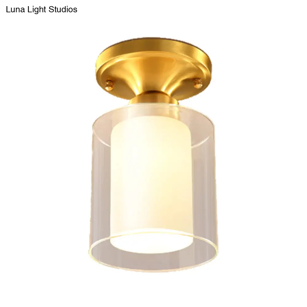 Gold Finish Cylindrical Semi Flush Ceiling Light - Glass Shade Simple 1 - Bulb Semi - Flush Mount