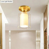 Gold Finish Cylindrical Semi Flush Ceiling Light - Glass Shade Simple 1 - Bulb Semi - Flush Mount