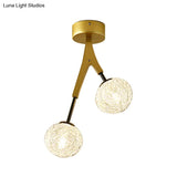 Gold Finish Handwoven Ball Semi Flush Light Fixture - Modern Ceiling Mount