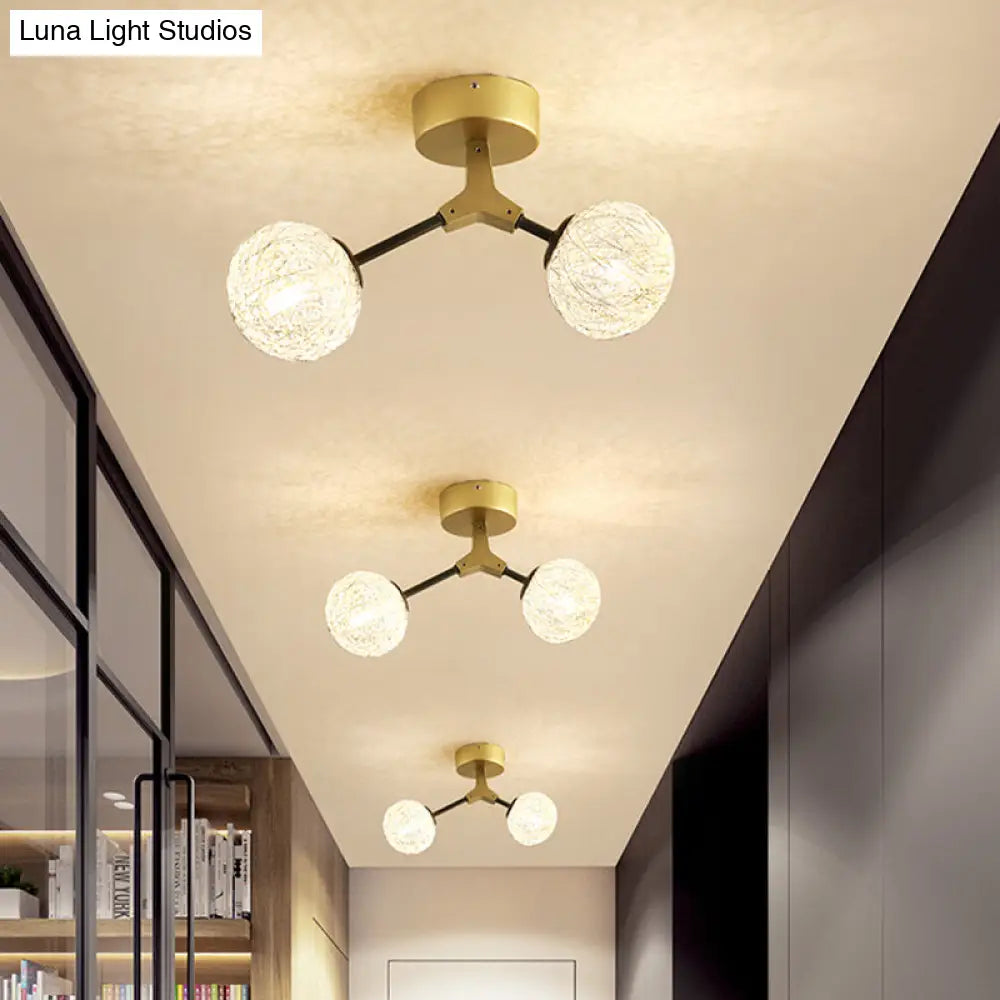 Gold Finish Handwoven Ball Semi Flush Light Fixture - Modern Ceiling Mount