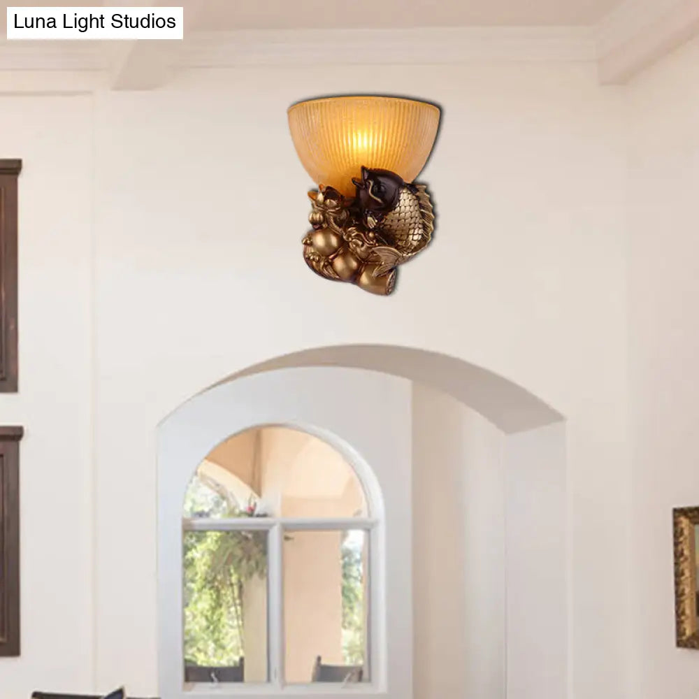 Gold Fish Lodge Style Wall Sconce With Ribbed Glass Shade - Bedroom Lighting