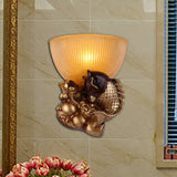 Gold Fish Lodge Style Wall Sconce With Ribbed Glass Shade - Bedroom Lighting