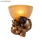 Gold Fish Lodge Style Wall Sconce With Ribbed Glass Shade - Bedroom Lighting