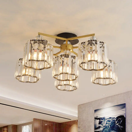 Gold Floral Cylinder Crystal Guest Room Semi Flush Ceiling Fixture (4/6/7-Light) - Minimalist Design