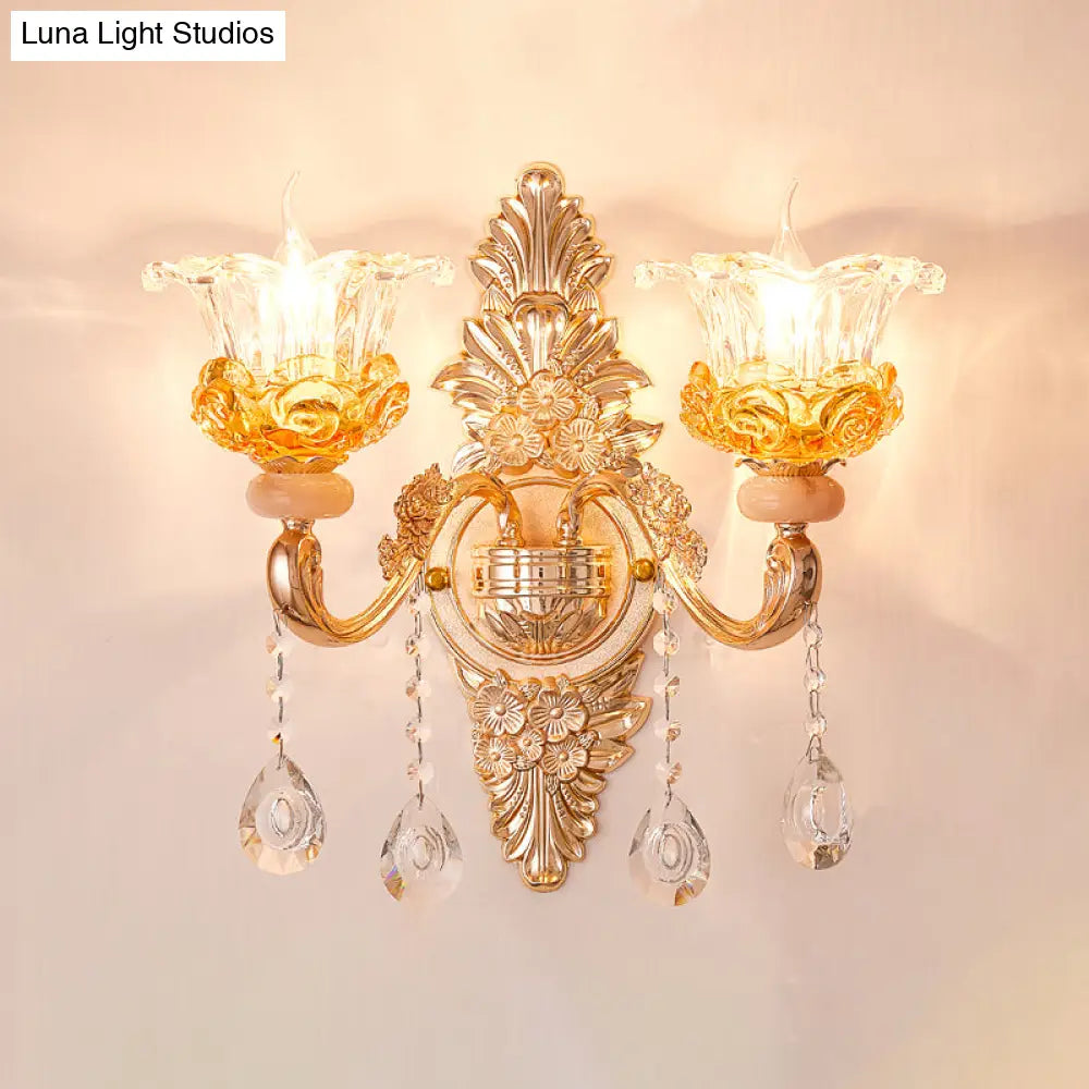 Gold Floral Ruffle Wall Mount Light With Crystal Accent - Traditional Glass Corridor Fixture