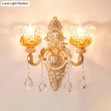 Gold Floral Ruffle Wall Mount Light With Crystal Accent - Traditional Glass Corridor Fixture