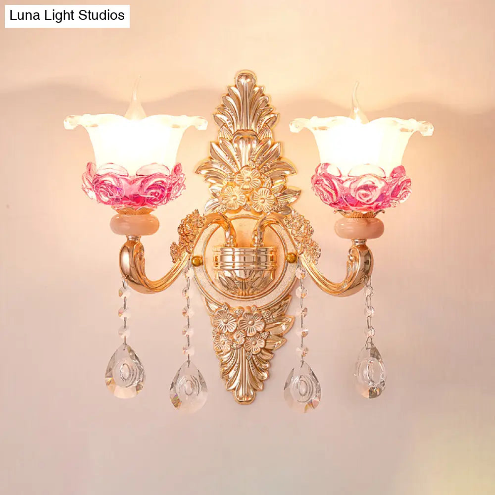 Gold Floral Ruffle Wall Mount Light With Crystal Accent - Traditional Glass Corridor Fixture