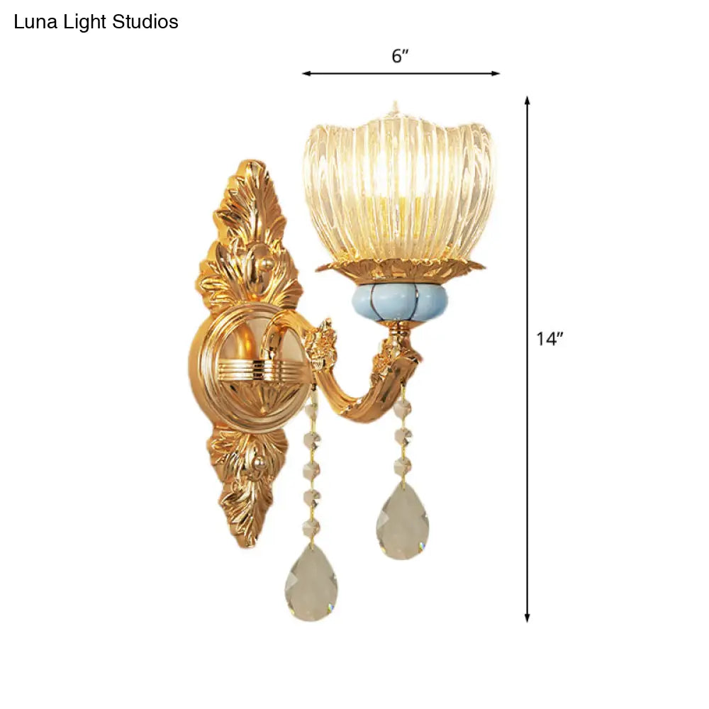 Gold Flower Ribbed Glass Wall Lamp - Retro Bedroom Mount Light Fixture