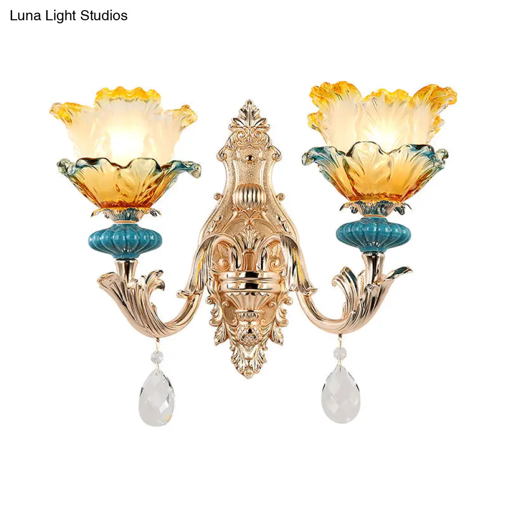 Gold Flower Wall Mount Light With Crystal Draping And Ruffle Glass Fixture