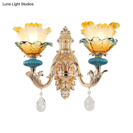 Gold Flower Wall Mount Light With Crystal Draping And Ruffle Glass Fixture