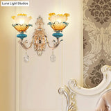 Gold Flower Wall Mount Light With Crystal Draping And Ruffle Glass Fixture