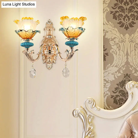 Gold Flower Wall Mount Light With Crystal Draping And Ruffle Glass Fixture