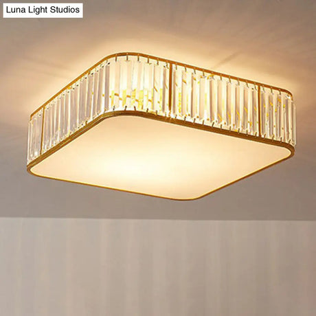Gold Flush Mount Ceiling Lamp With Crystal Drum Shade For Modern Bedrooms