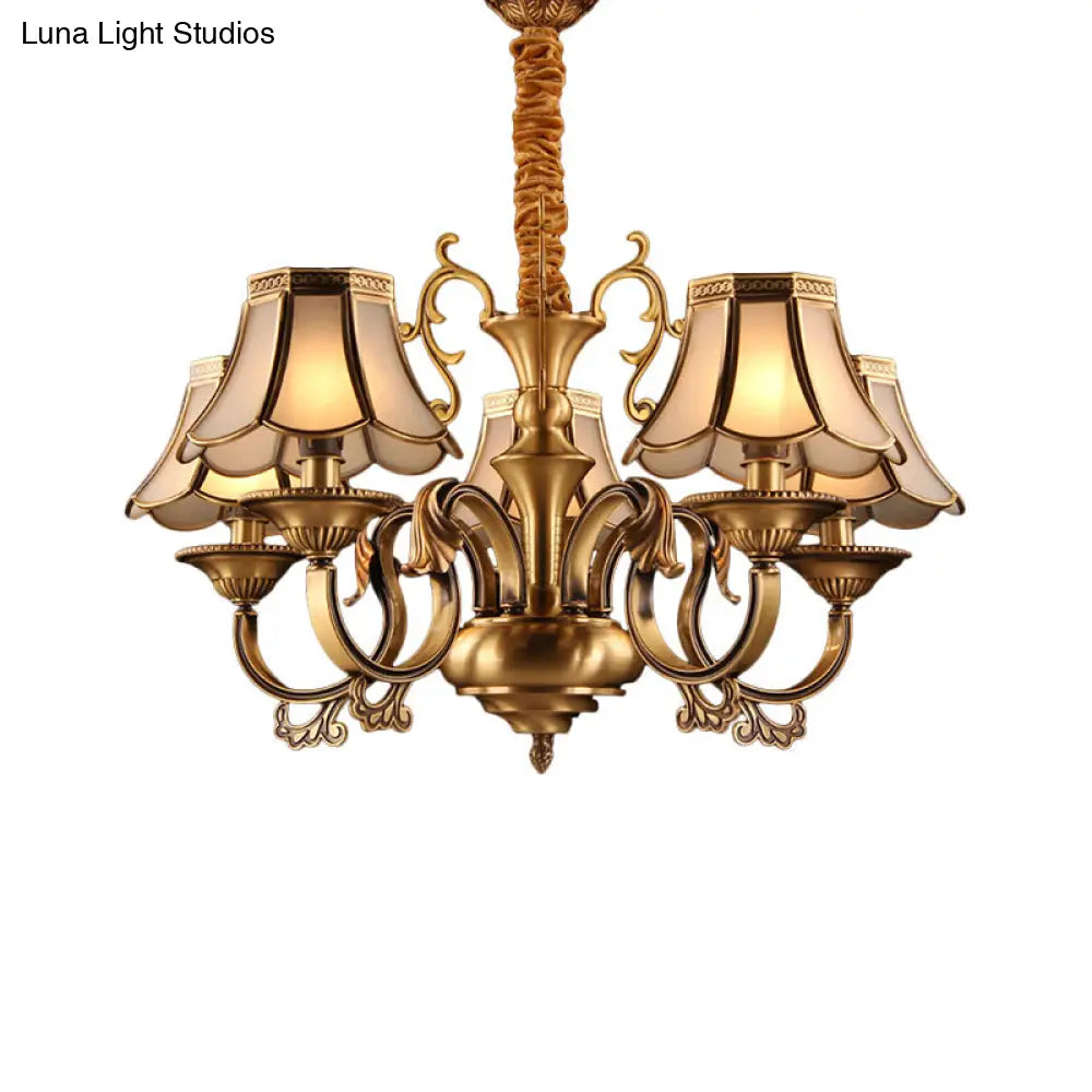 Gold Frosted Glass Pendant Chandelier With Scalloped Design And Colonial Styling - 3/5/6 Bulbs