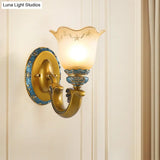 Gold Frosted Glass Wall Lamp With Printed Flower Design - 1-Bulb Mounted Lighting For Corridor