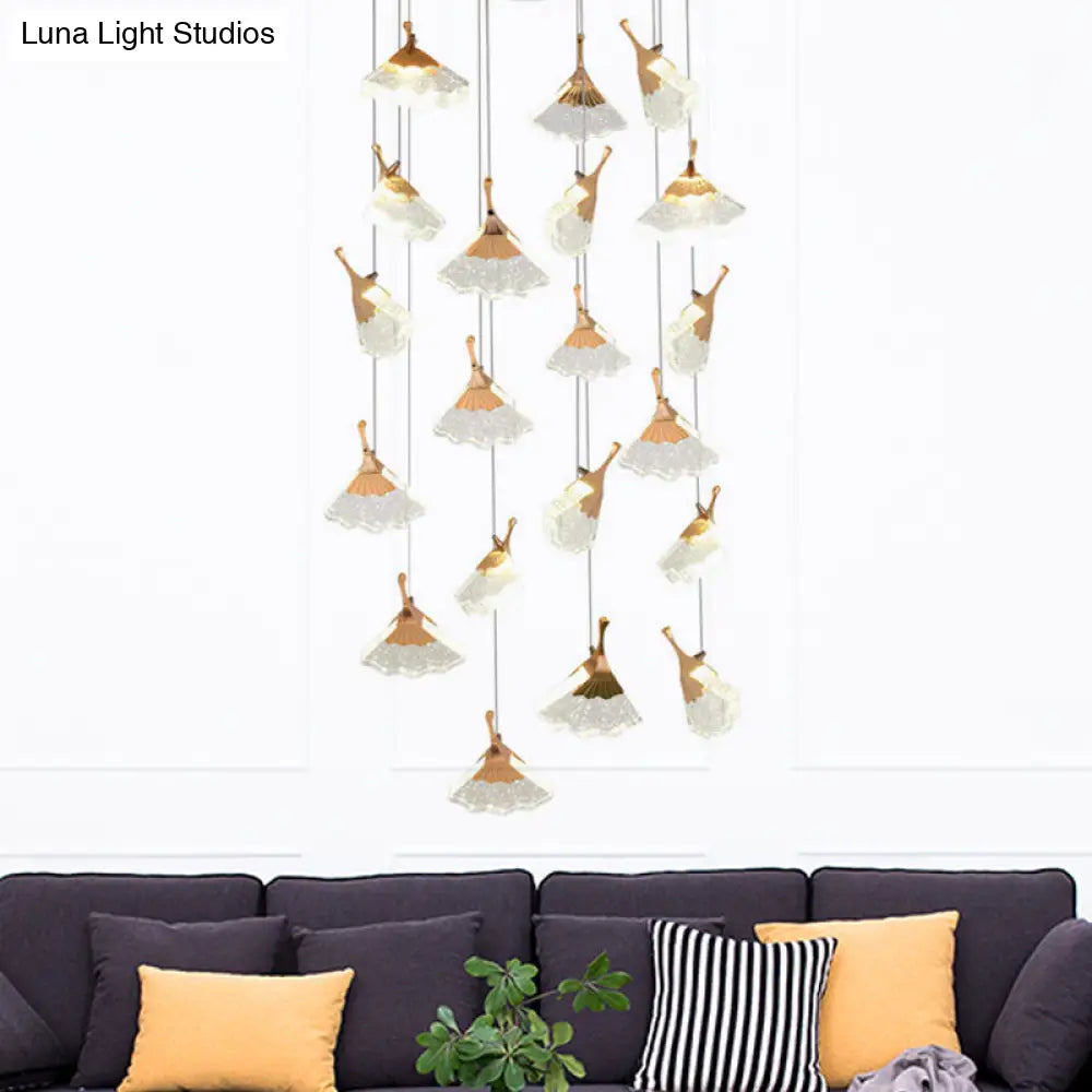 Gold Ginkgo Leaf Acrylic Pendant Light With 24 Suspended Heads For Stair Clusters