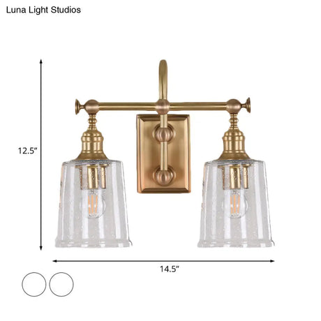 Gold Glass Bucket Vanity Lamp - Colonial 2-Head Bathroom Sconce Light In White/Clear