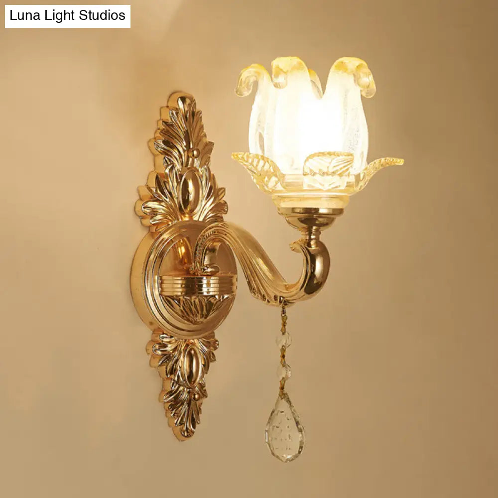 Gold Glass Flower Wall Lamp With Retro Style And Crystal Draping