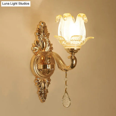 Gold Glass Flower Wall Lamp With Retro Style And Crystal Draping