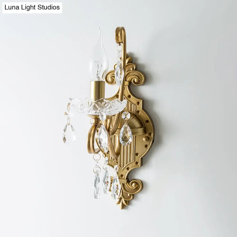 Gold Iron Wall Sconce With Crystal Drape - Antique 1/2-Light Candlestick Lamp