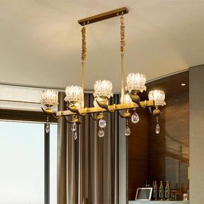 Gold Island Chandelier With Crystal Draping And 8-Head Floral Design For Contemporary Dining Room