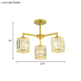 Gold K9 Crystal Cylinder Semi Flush Postmodern Ceiling Mount - 3/6 Bulb Living Room Fixture
