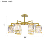 Gold K9 Crystal Cylinder Semi Flush Postmodern Ceiling Mount - 3/6 Bulb Living Room Fixture