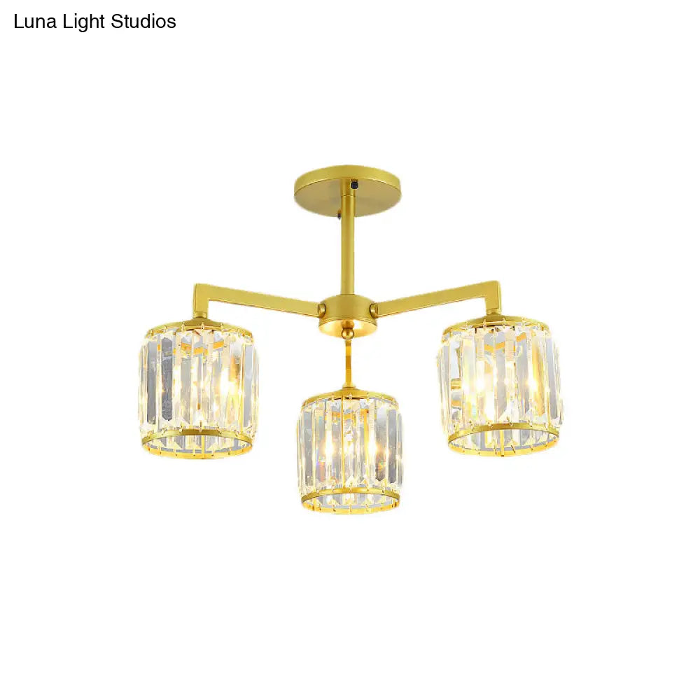 Gold K9 Crystal Cylinder Semi Flush Postmodern Ceiling Mount - 3/6 Bulb Living Room Fixture