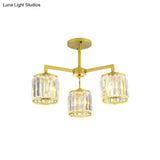 Gold K9 Crystal Cylinder Semi Flush Postmodern Ceiling Mount - 3/6 Bulb Living Room Fixture