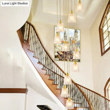 Gold Lattice Glass Staircase Pendant - Bell Shade 10-Head Simplicity Multi Light Gold