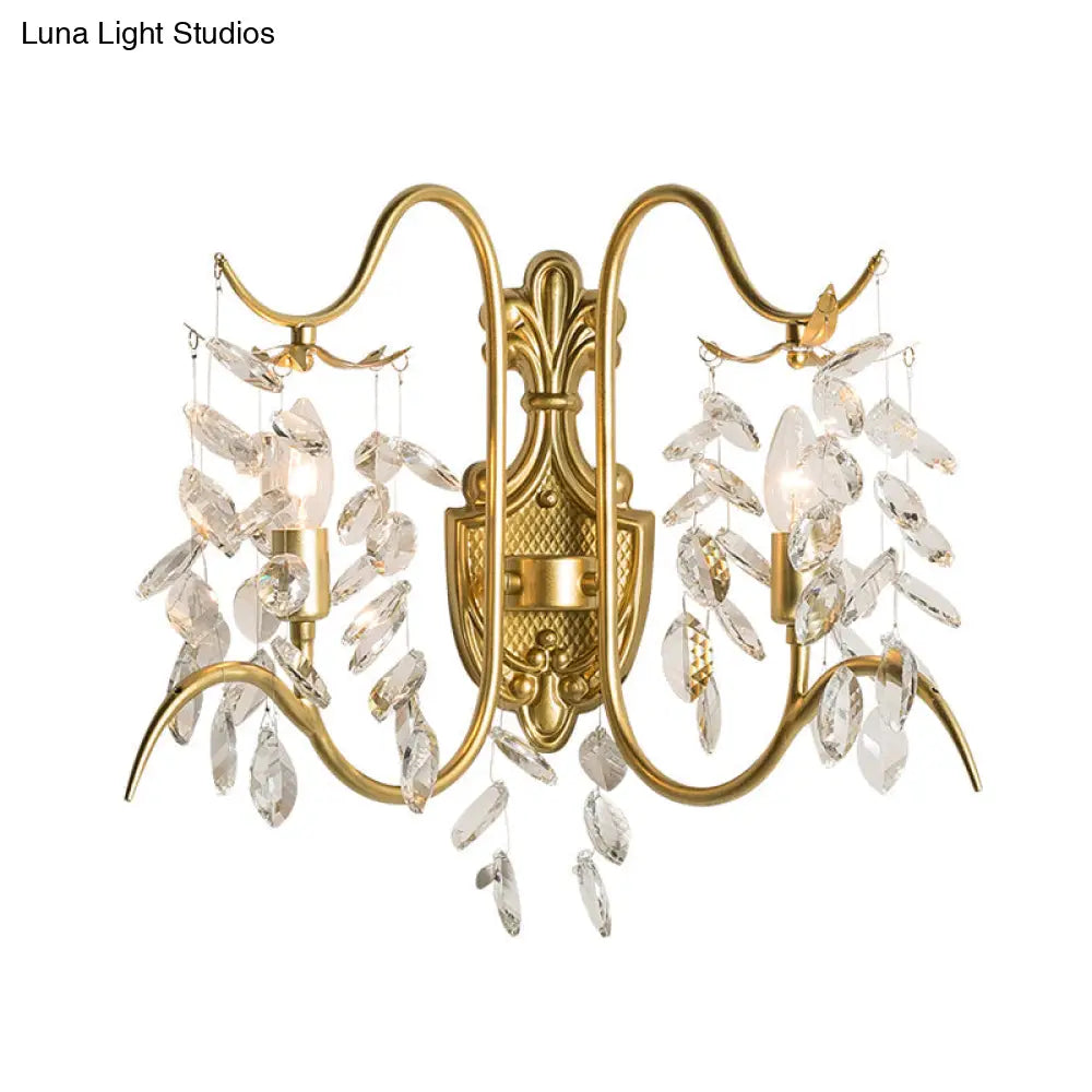 Gold Leaf Crystal Drip Sconce Light - 2 Lights Wall Fixture For Guest Room Lighting