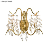 Gold Leaf Crystal Drip Sconce Light - 2 Lights Wall Fixture For Guest Room Lighting
