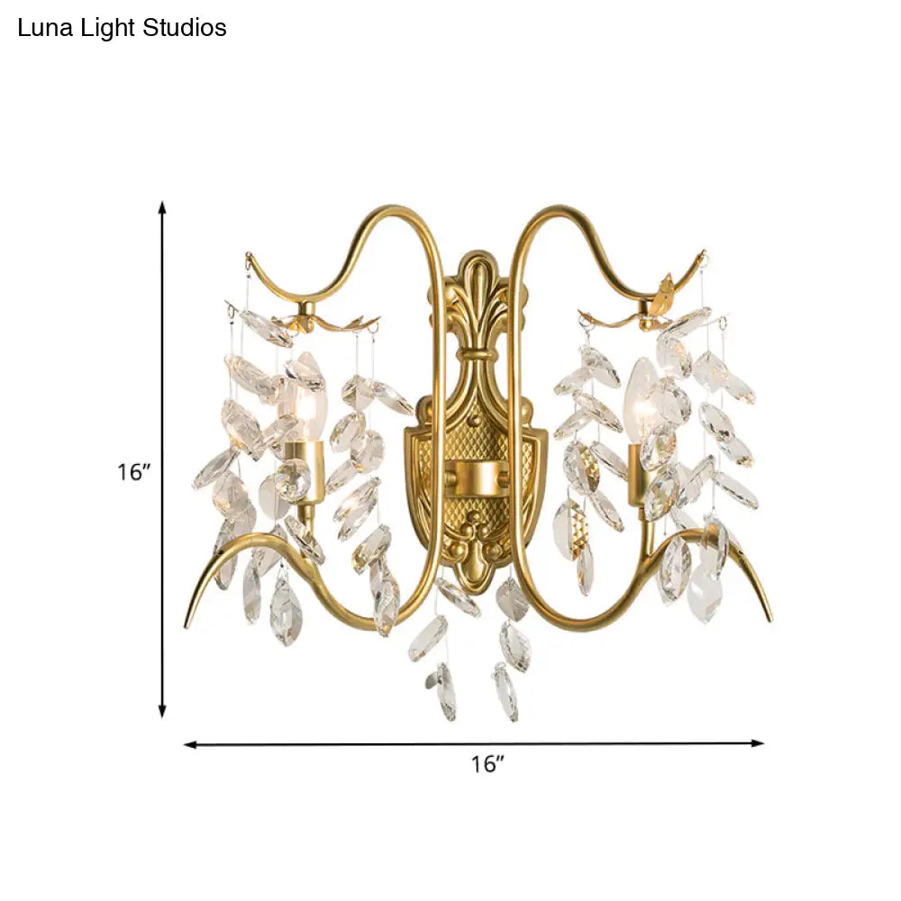 Gold Leaf Crystal Drip Sconce Light - 2 Lights Wall Fixture For Guest Room Lighting