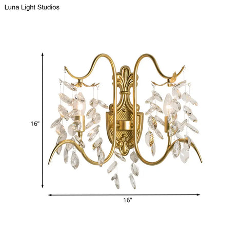 Gold Leaf Crystal Drip Sconce Light - 2 Lights Wall Fixture For Guest Room Lighting