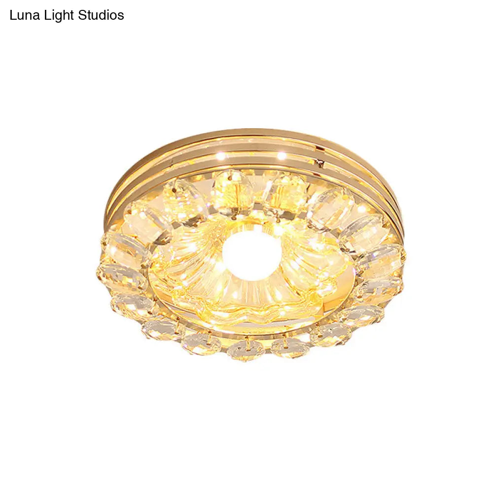 Gold Led Crystal Ceiling Lamp: Minimal Round/Square Design With Flower Shade