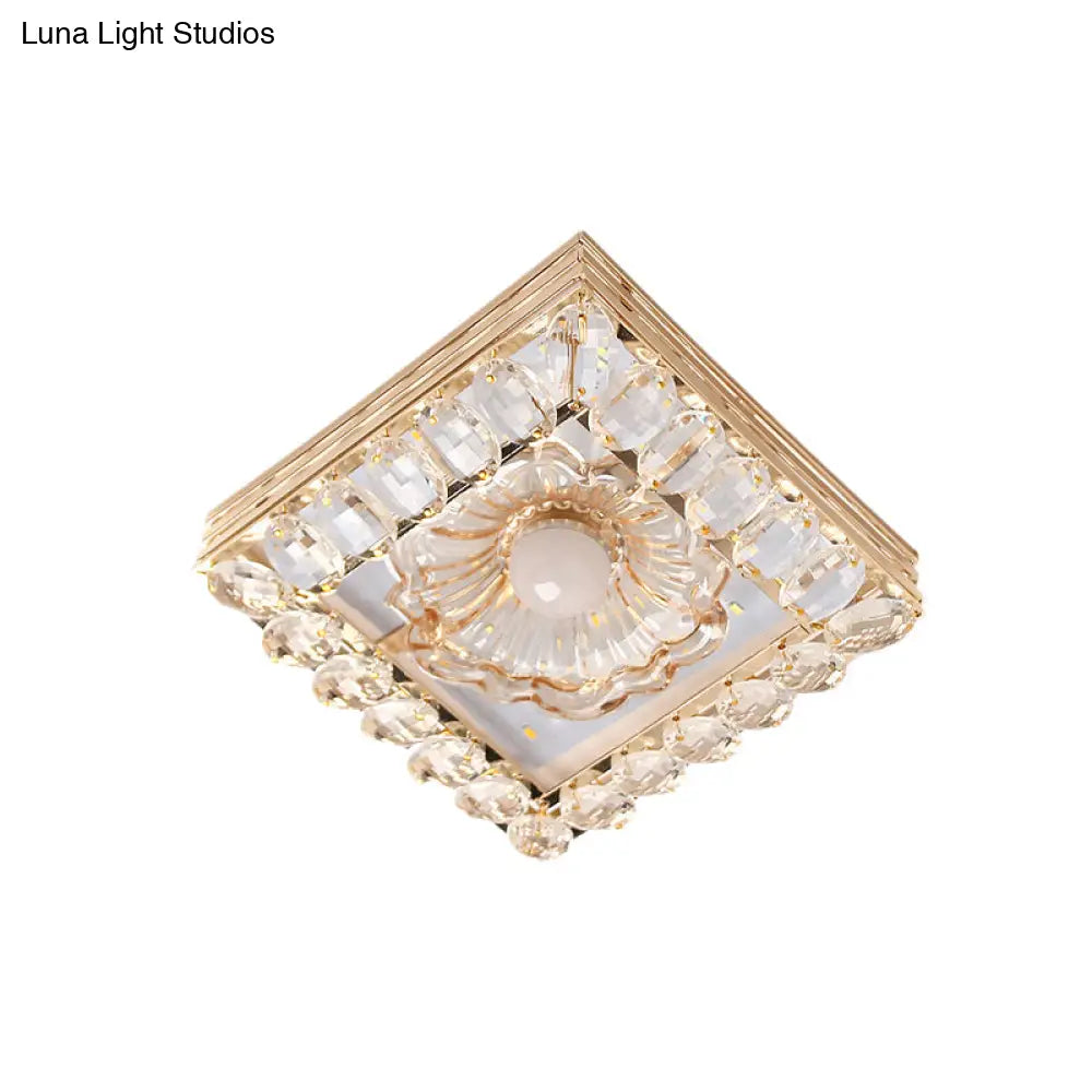 Gold Led Crystal Ceiling Lamp: Minimal Round/Square Design With Flower Shade