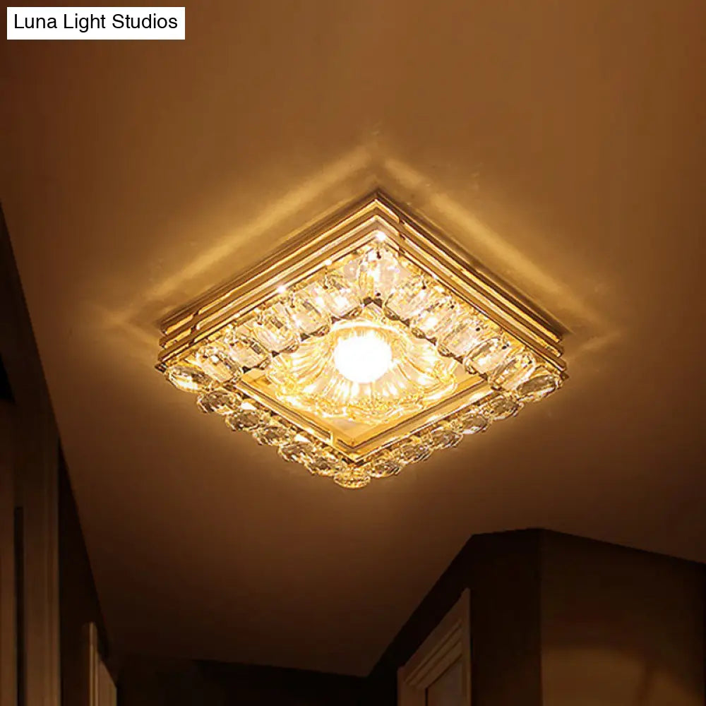 Gold Led Crystal Ceiling Lamp: Minimal Round/Square Design With Flower Shade
