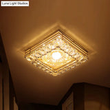 Gold Led Crystal Ceiling Lamp: Minimal Round/Square Design With Flower Shade