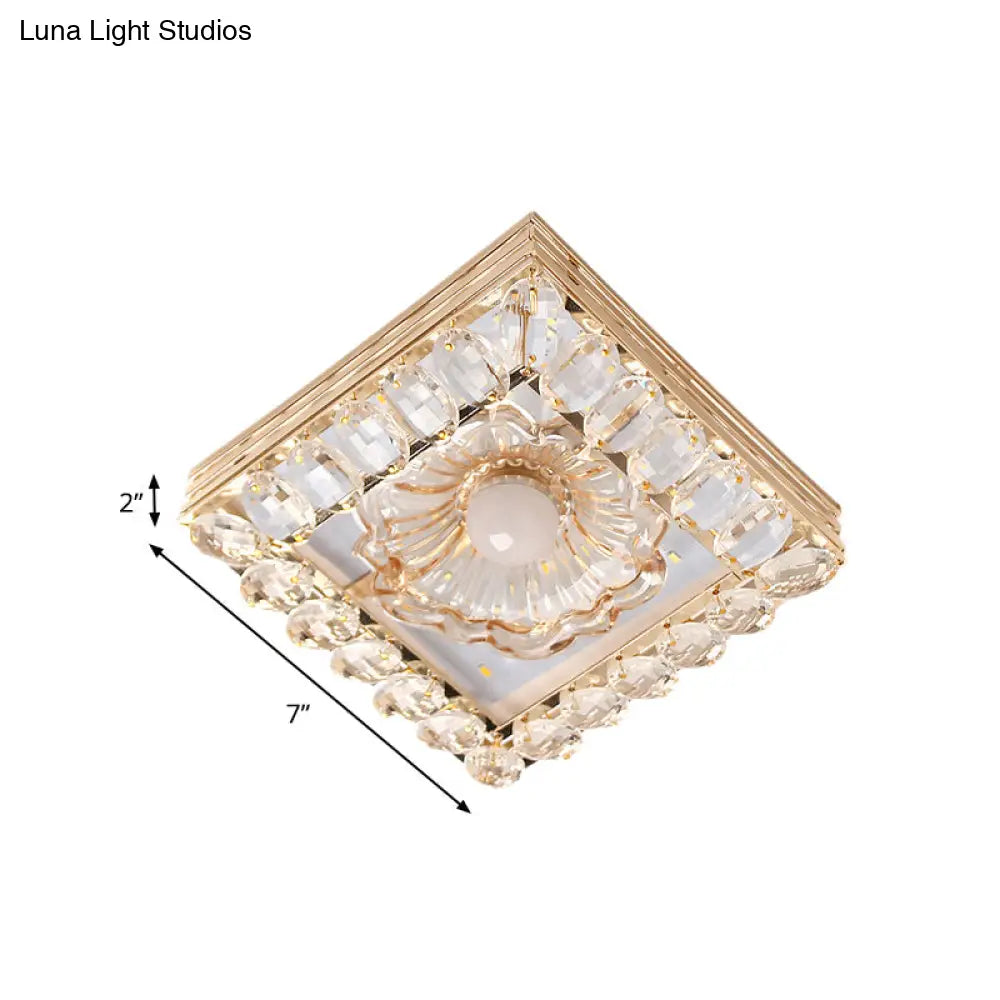 Gold Led Crystal Ceiling Lamp: Minimal Round/Square Design With Flower Shade
