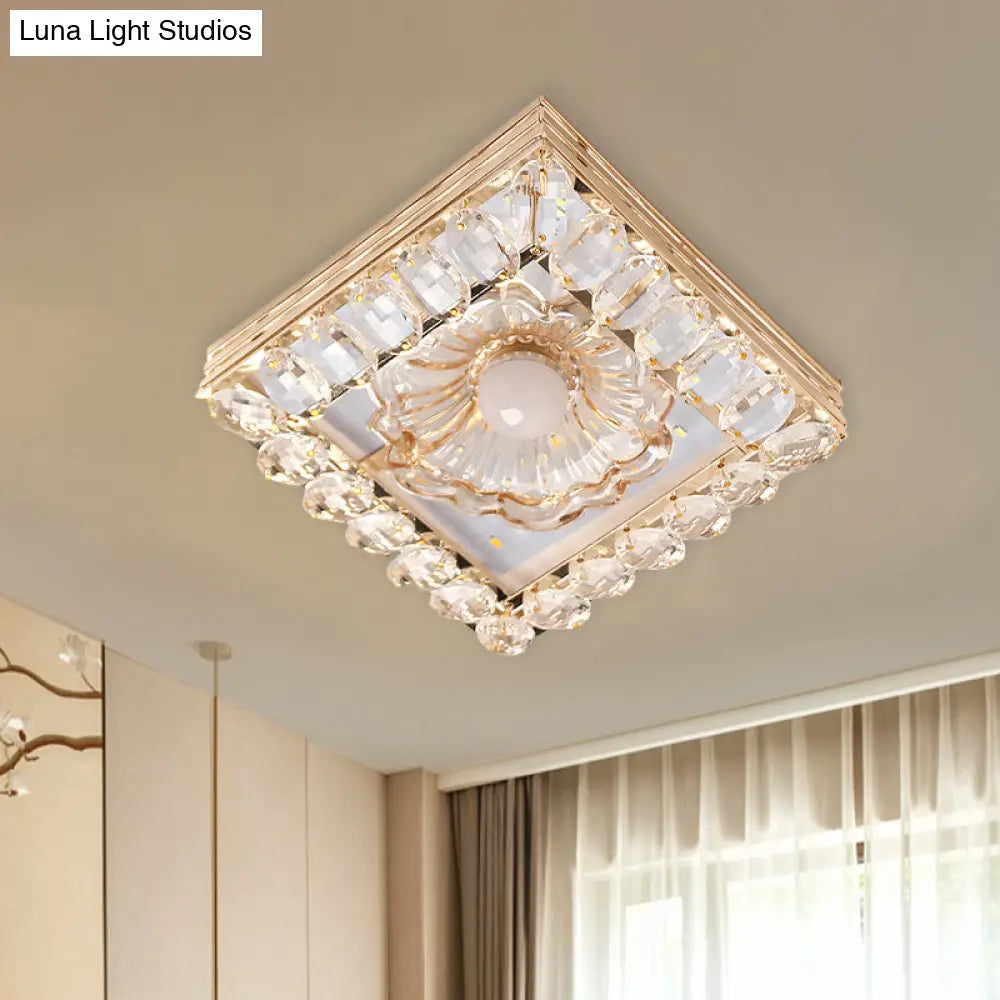 Gold Led Crystal Ceiling Lamp: Minimal Round/Square Design With Flower Shade