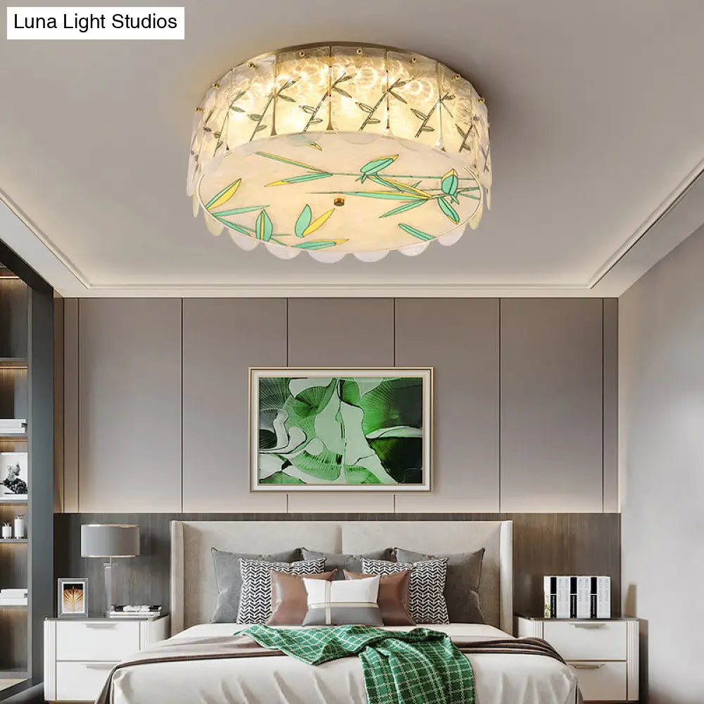 Gold Led Crystal Flush Ceiling Light: Hand - Painted Drum Design Modern Bedroom Fixture