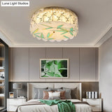 Gold Led Crystal Flush Ceiling Light: Hand - Painted Drum Design Modern Bedroom Fixture