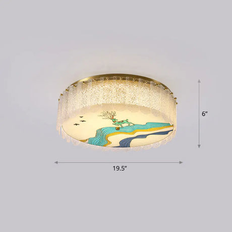 Gold Led Crystal Flush Ceiling Light: Hand - Painted Drum Design Modern Bedroom Fixture / Deer