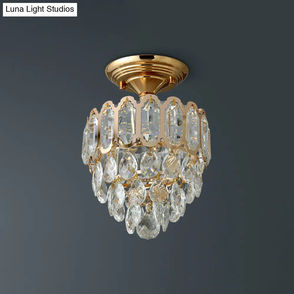 Gold Led Crystal Foyer Ceiling Lamp - Tapered Shape Postmodern Design Semi-Flush Mount