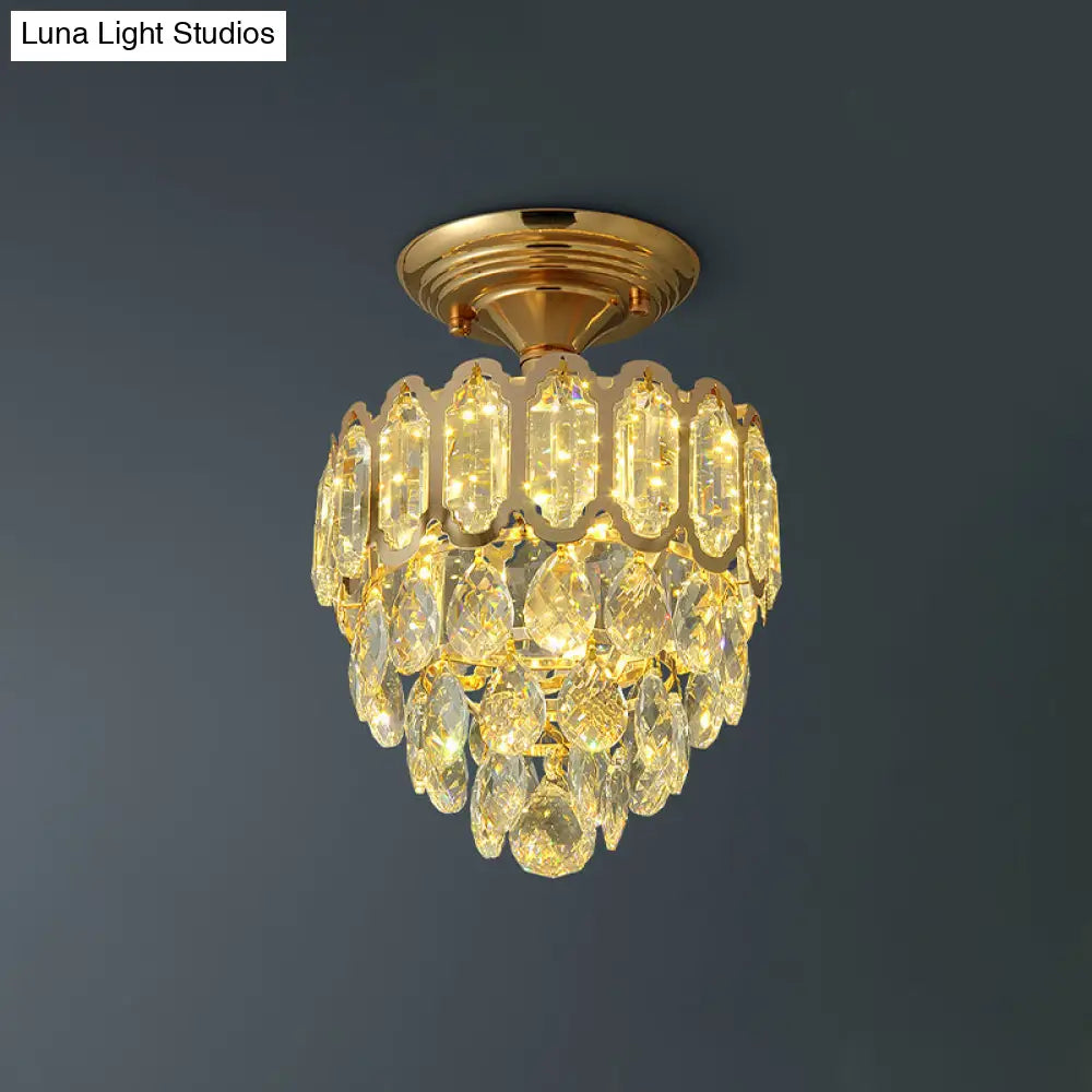 Gold Led Crystal Foyer Ceiling Lamp - Tapered Shape Postmodern Design Semi-Flush Mount
