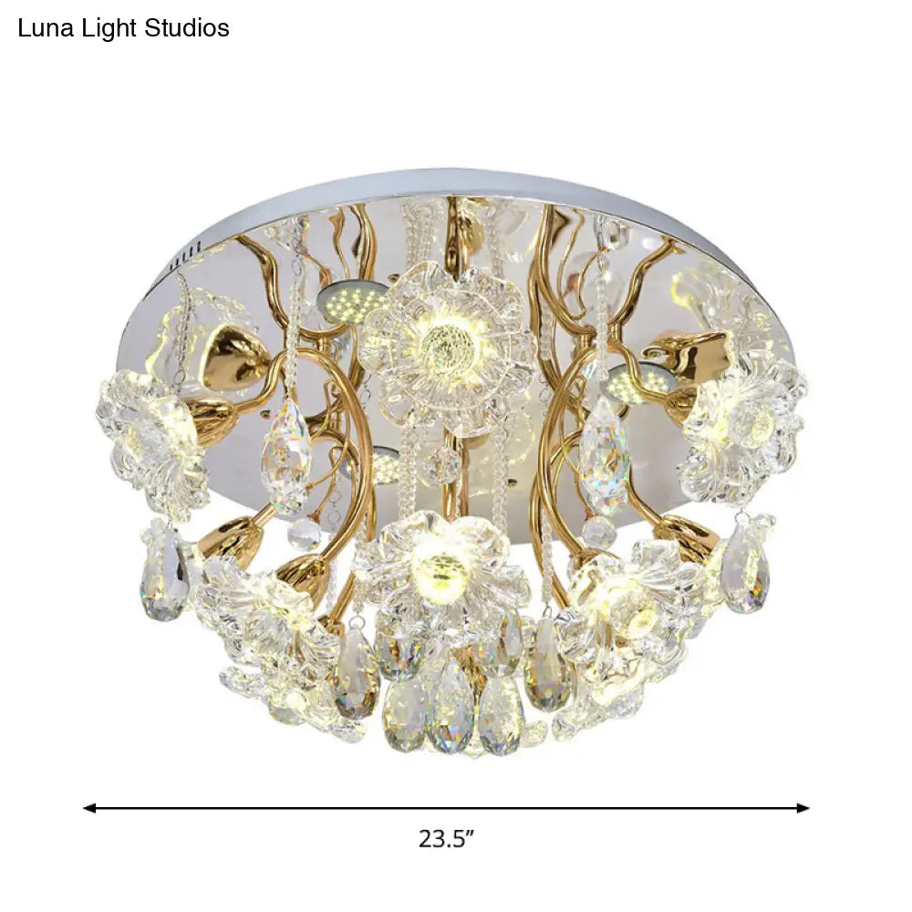 Gold Led Flush Mount Lamp With Traditional Clear Crystal Floral Shade And Droplet Accents