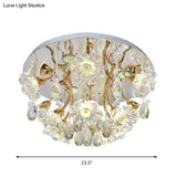 Gold Led Flush Mount Lamp With Traditional Clear Crystal Floral Shade And Droplet Accents