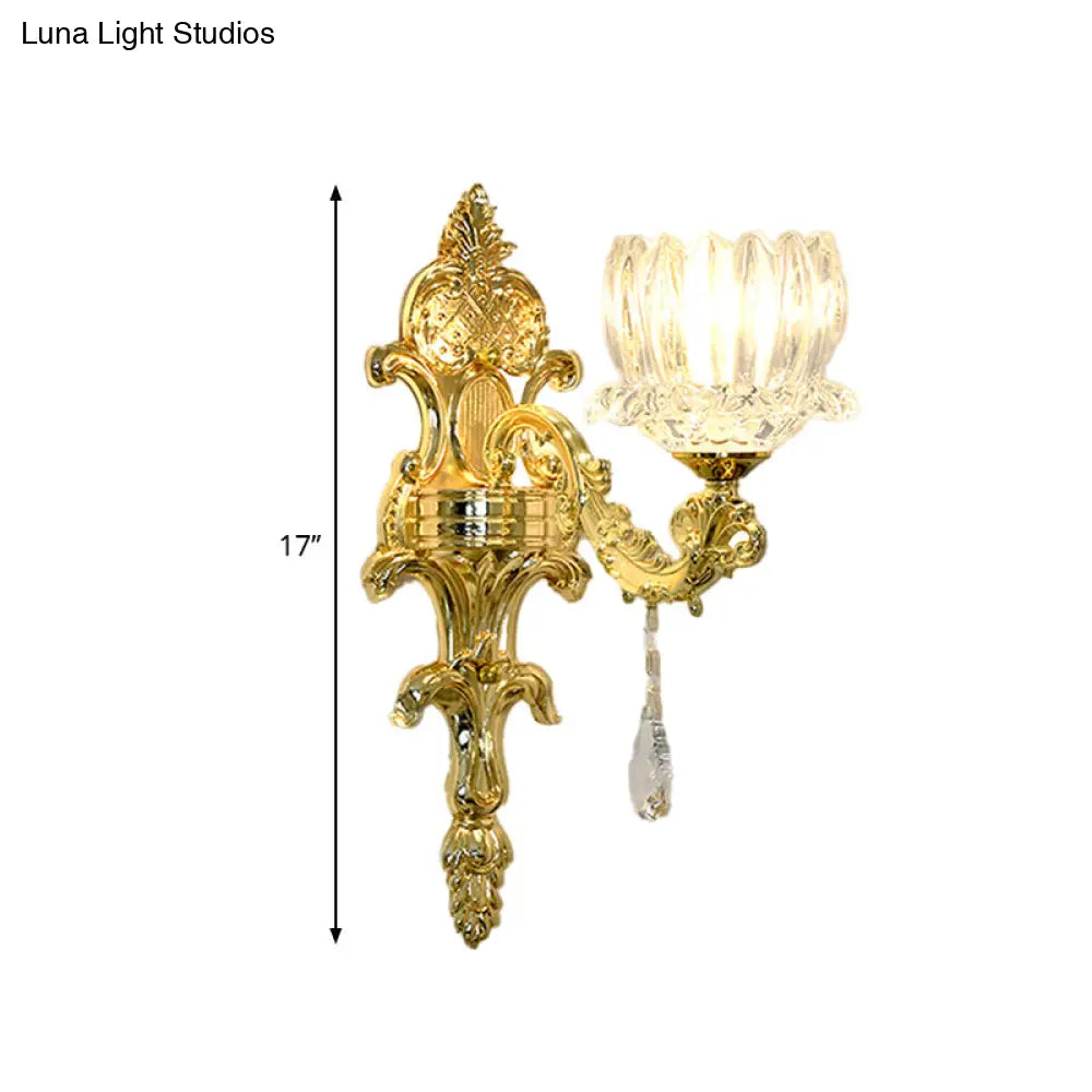 Gold Lotus Wall Mount Sconce With Clear Crystal Shade - Mid Century Light Fixture