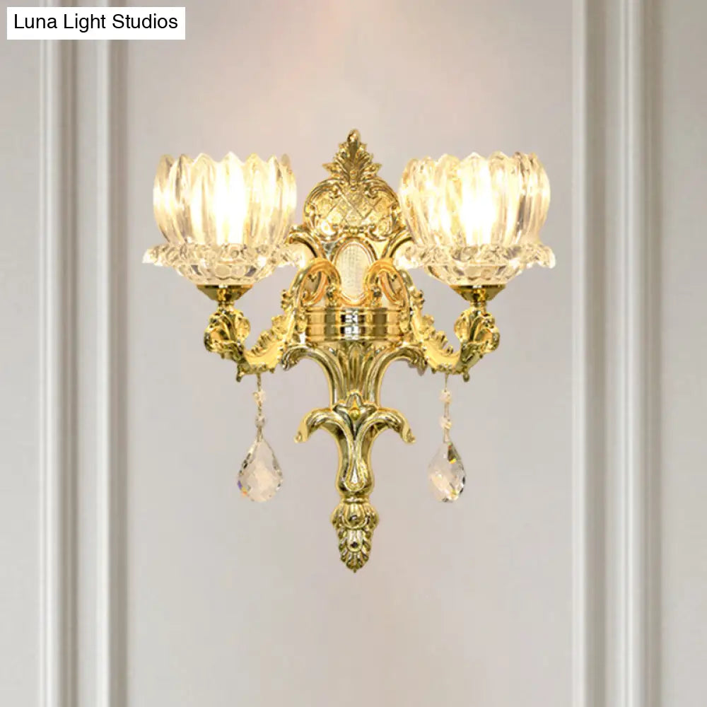 Gold Lotus Wall Mount Sconce With Clear Crystal Shade - Mid Century Light Fixture