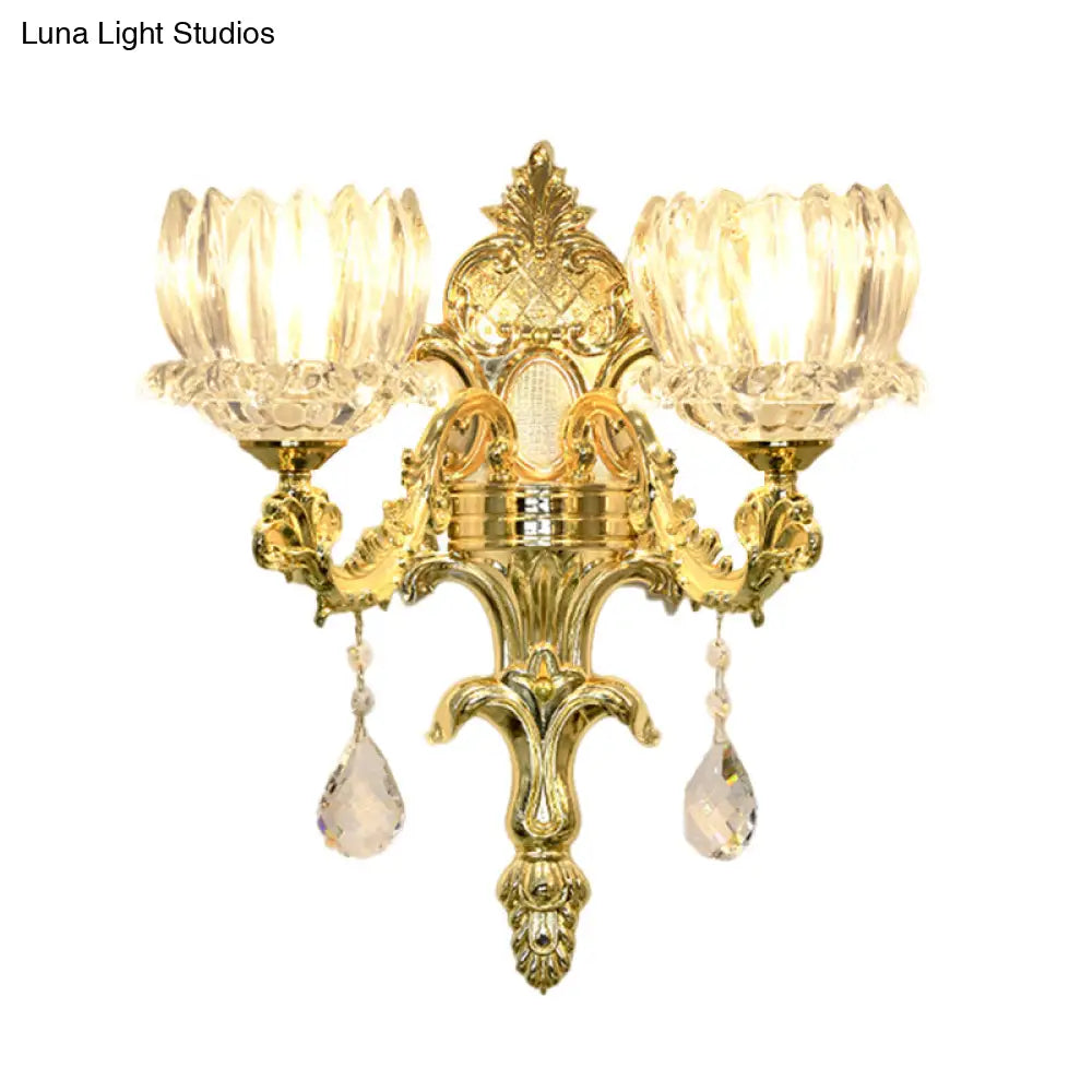 Gold Lotus Wall Mount Sconce With Clear Crystal Shade - Mid Century Light Fixture